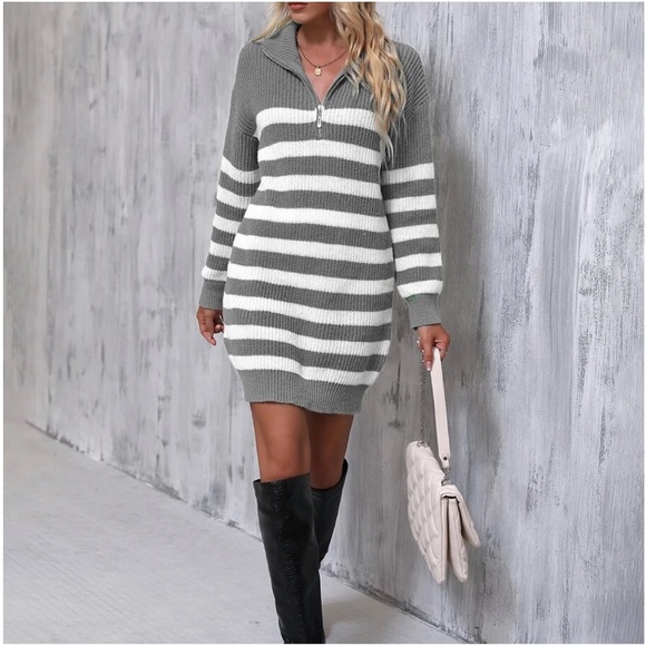 Cozy Color Block Stripes Zipper Sweater Dress - Picture 3 of 12